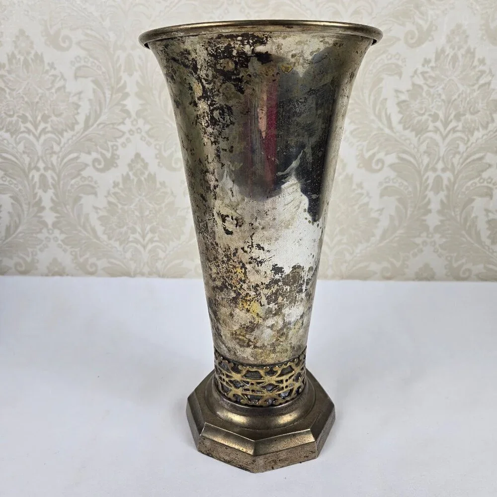Vintage Bombay Vase Silverplate with Brass Detailing Octagon Shaped Base India